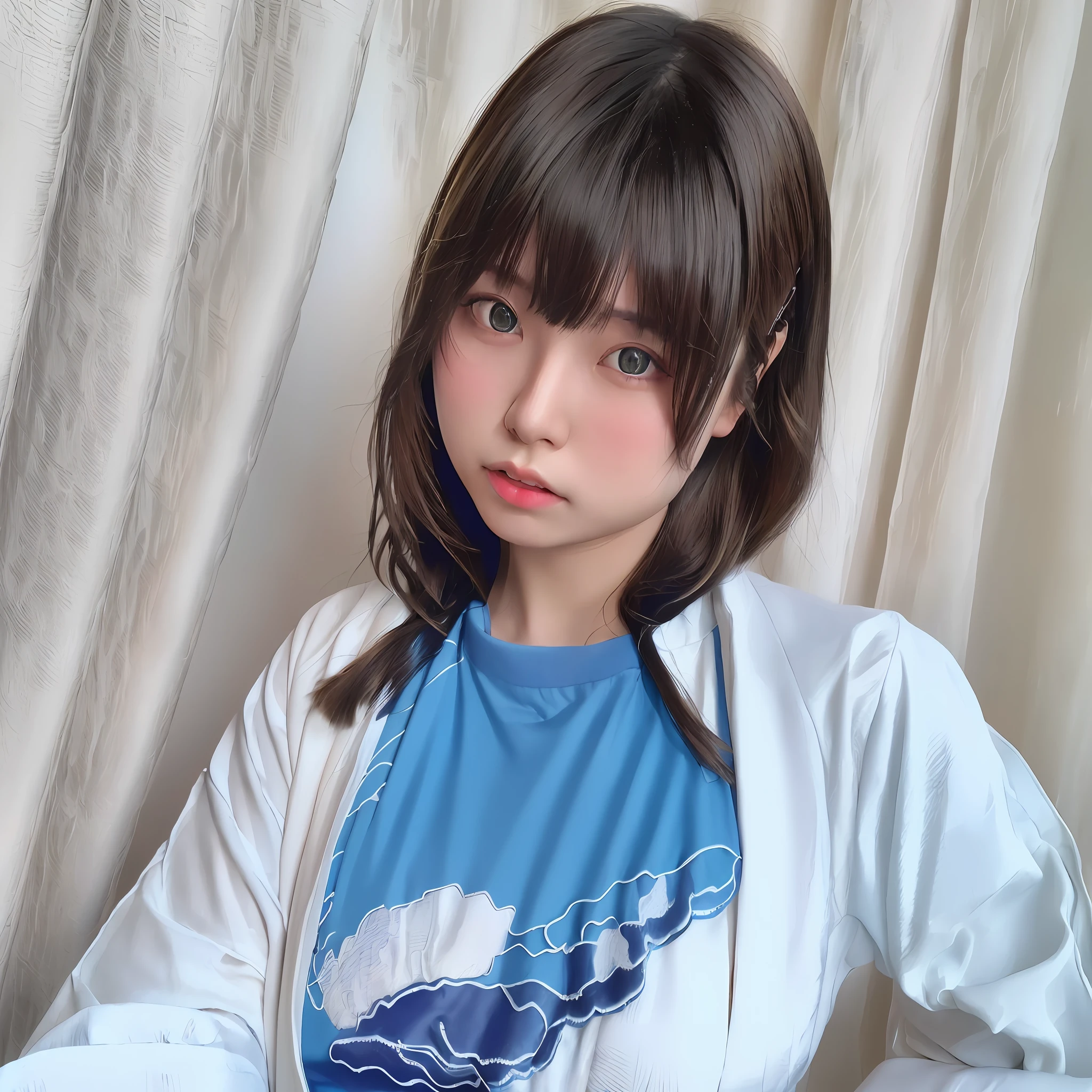 Arafed asian woman with a blue shirt and white jacket - SeaArt AI