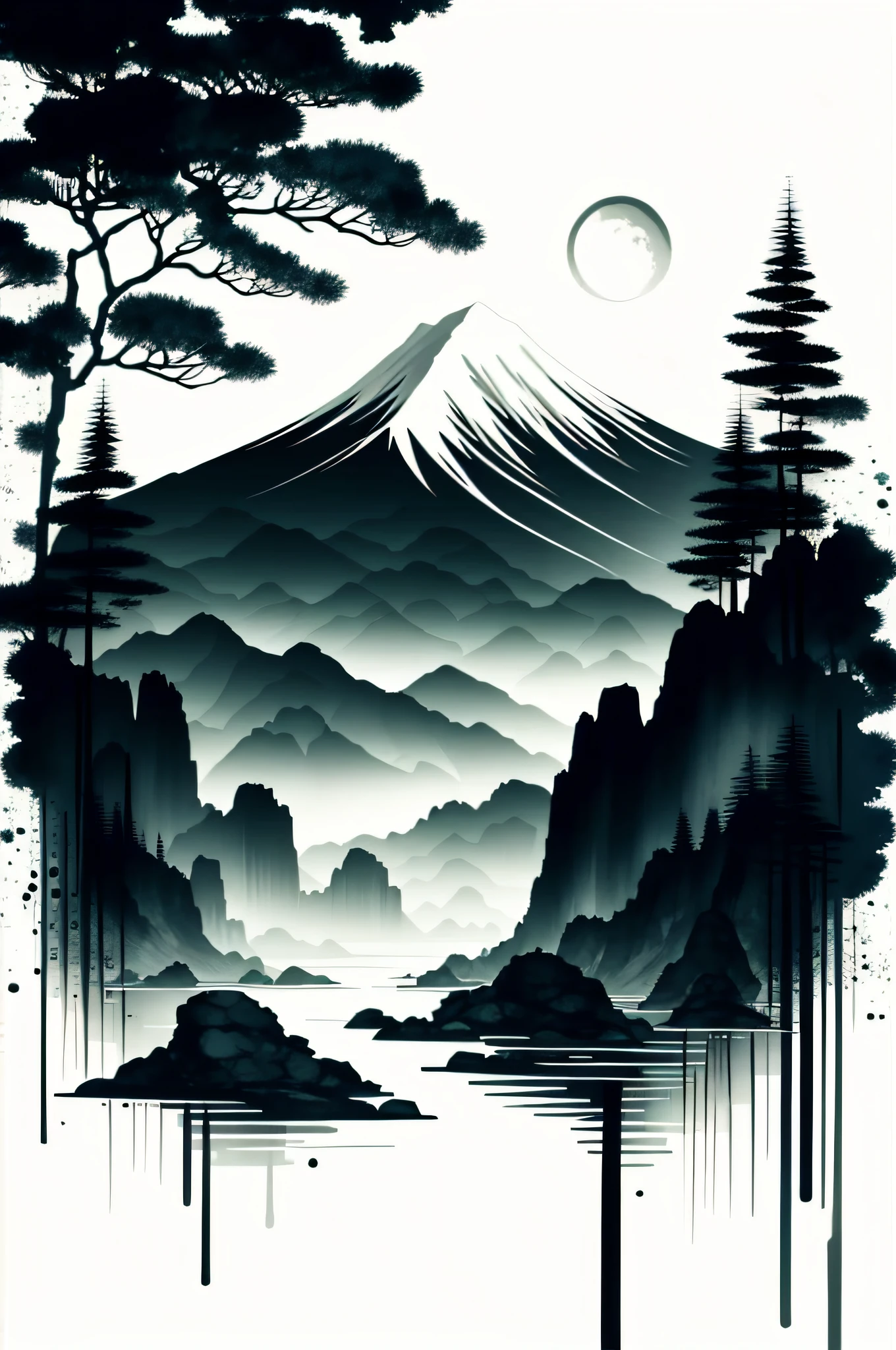 weißer Hintergrund, Landschaft, ink, Berge, Wasser, Bäume