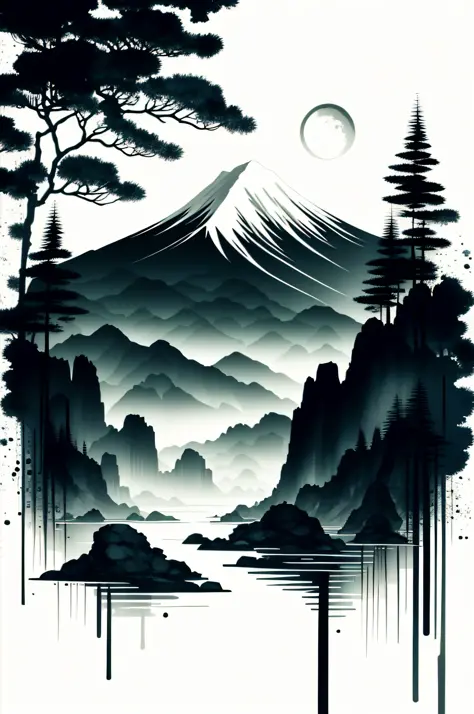 white background, scenery, ink, mountains, water, trees