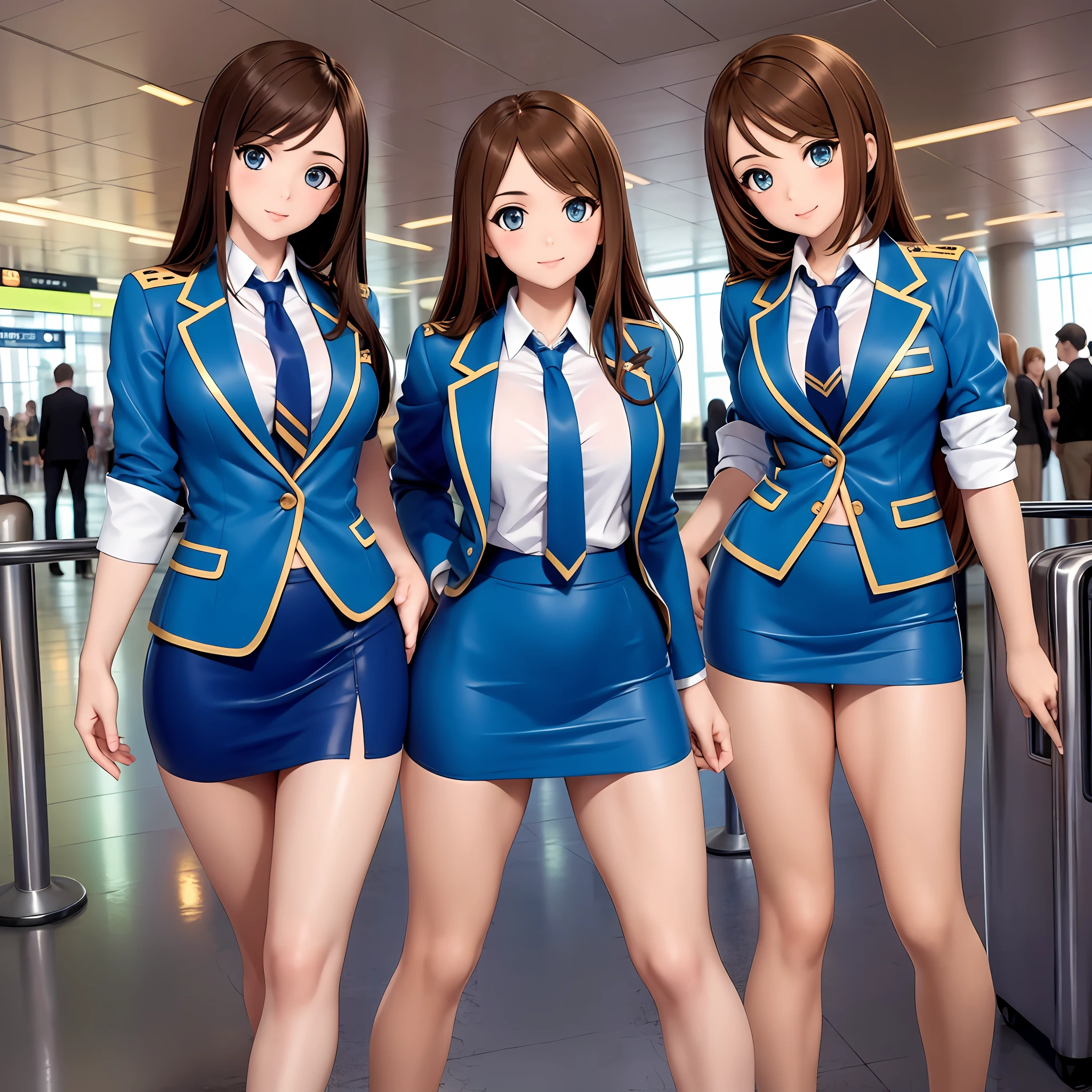 {{Mature female, caucasian}}, looking at viewer, hazel eyes, extremely detailed, medium breasts, brown hair, airport, flight attendant, uniform, blue blazer, blue necktie, blue skirt, medium skirt, pencil skirt, bare legs, blue high heels, happy, best quality, high quality, extremely detailed anime screencap, {{{{crowded, multiple girls, thousands of sisters, millions of sisters,billions of sisters, clone, doppelganger, matching outfit, matching hairstyle}}}}, full body