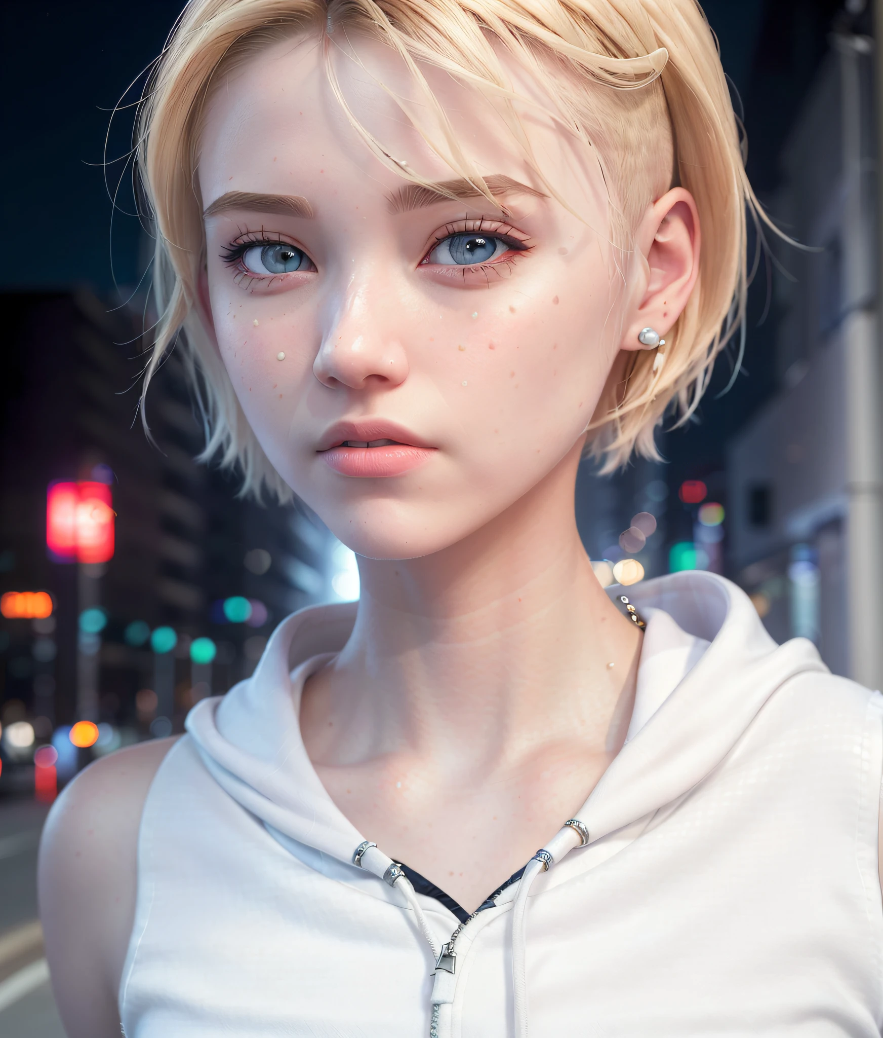 ((realistic)), (cinematic lighting), (photorealism), (beautiful detailed face),  ((masterpiece)), ((best quality)), big pupils, side of head shaved, depth_of_field, (beautiful detailed eyes), (gwen_stacy), 1girl, blonde_hair, short_hair, (asymmetrical_hair), ((sidecut)), solo, upper_body, portrait, blue_eyes, light_smile, tooth_gap, parted_lips, lips, city, eyebrow_piercing, hood, hood_down, white_hoodie, looking_at_viewer