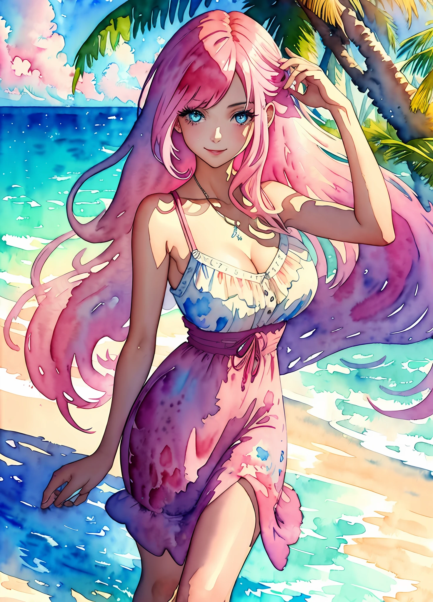 masterpiece, best quality, 1girl, (watercolor:1.4), (finely detailed beautiful eyes and detailed face), cinematic lighting, bust shot, long hair, pink hair, colored eyelashes, skinny, medium breasts, sexy, sundress, beach, palm tree, (Colorful:1.3), smile,