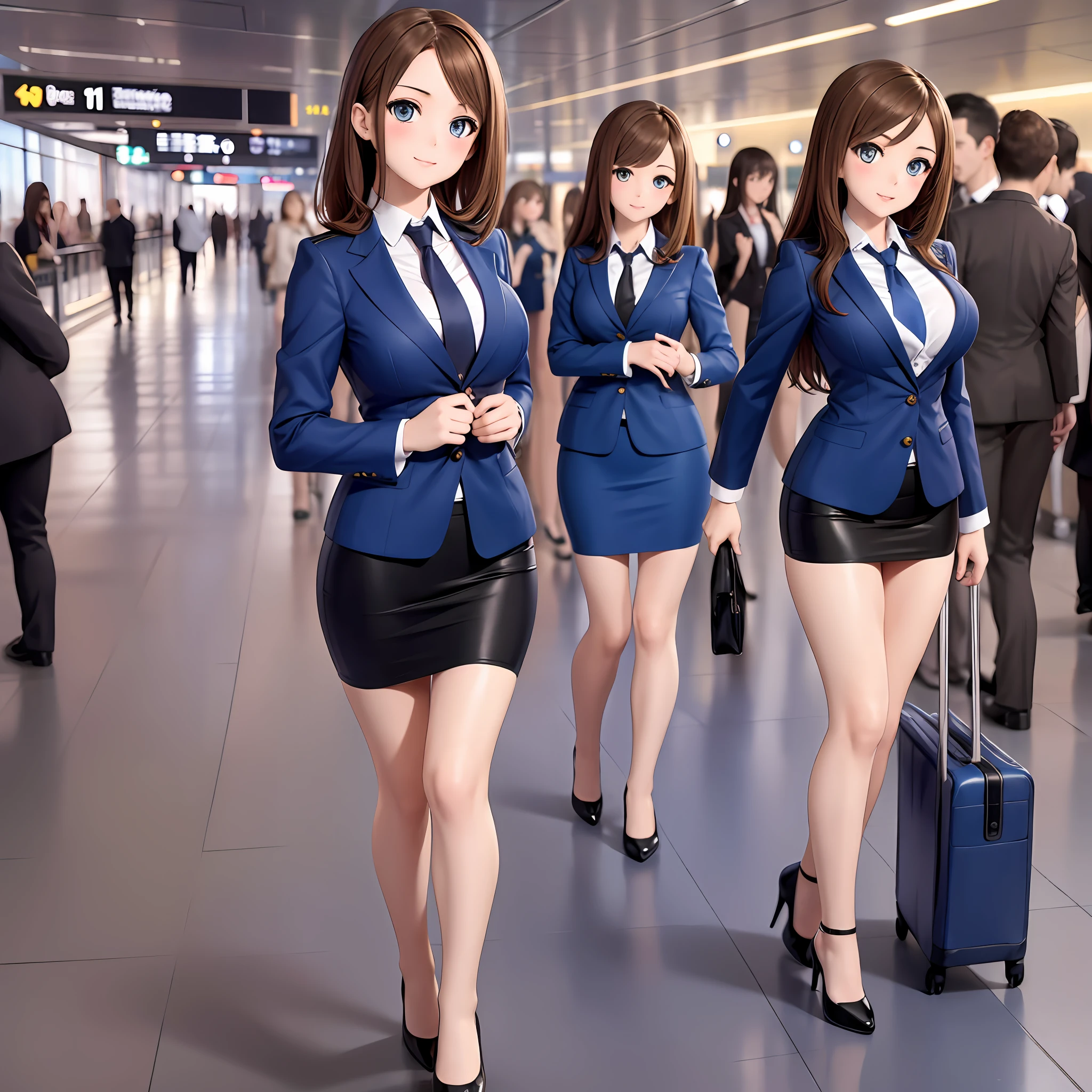 {{Mature female, caucasian}}, looking at viewer, hazel eyes, extremely detailed, medium breasts, brown hair, airport, flight attendant, uniform, dark blue blazer, dark blue necktie, dark blue skirt, medium skirt, pencil skirt, bare legs, blue high heels, happy, best quality, high quality, extremely detailed anime screencap, group shot, {{{{crowded, multiple girls, thousands of sisters, millions of sisters,billions of sisters, clone, doppelganger, matching outfit, matching hairstyle}}}}, full body