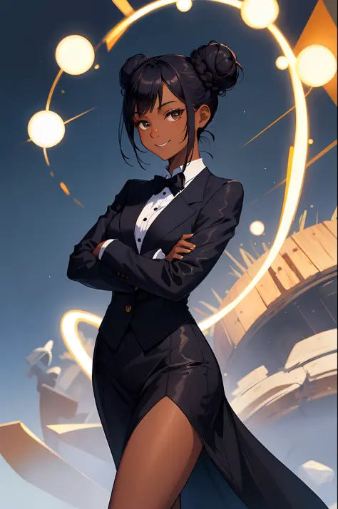 "Masterpiece: a sharp and high quality image of a smug, dark-skinned girl wearing a stylish tuxedo dress with black hair styled ...