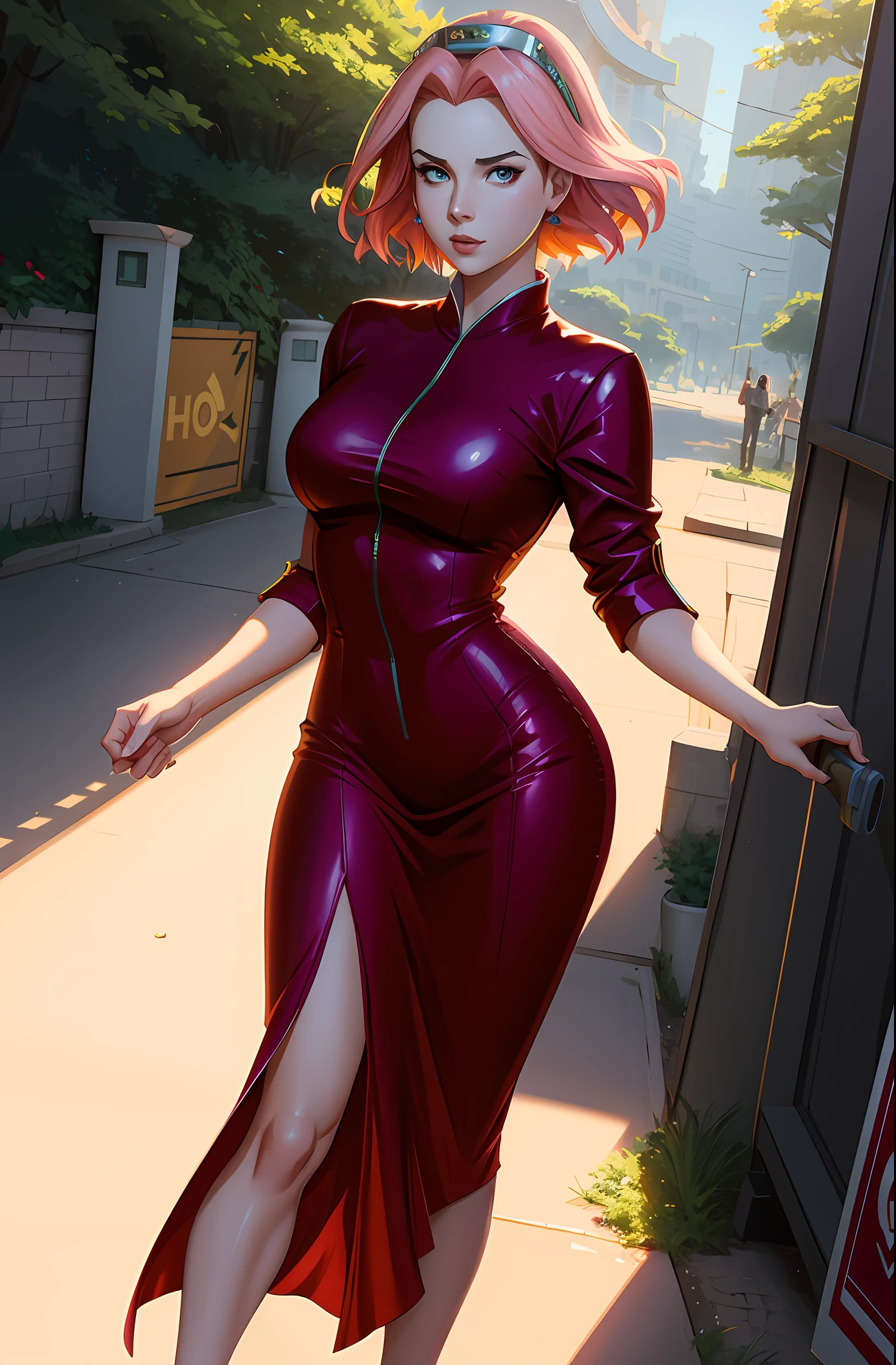 Queen of Angels, beautiful woman, seductive, ((forehead show)), standing, sexy eyes, red dress, forehead for show, queen, pink hair, delicate, young, short hair, big ass, wide hips, full body, from League of Legends, trend in artstation, Rads, Andreas Rocha, Rossdraws, Makoto Shinkai, Laurie Grizzly, Lois van Barle, Ilya Kuvshinov and Greg Rutkowski