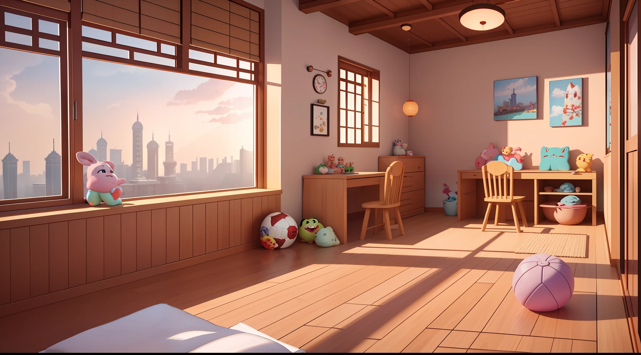 style pixar:1.1), chaud, intérieur, enfants, oeuvre 3d, Paysage depuis la fenêtre (Shikumen, Shanghai), mixeur, moteur de rendu oc, Dribble haute précision 8K, éclairage de studio --v 6