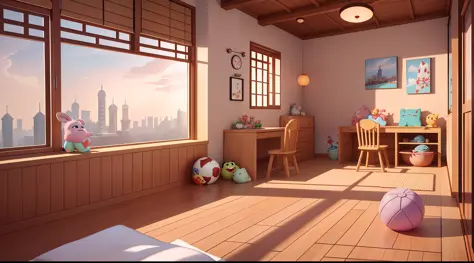 Pixar style:1.1), Warm, Indoor, Kids, 3d artwork, Scenery from the window (Shikumen, Shanghai), Blender, OC Renderer, Dribbling ...
