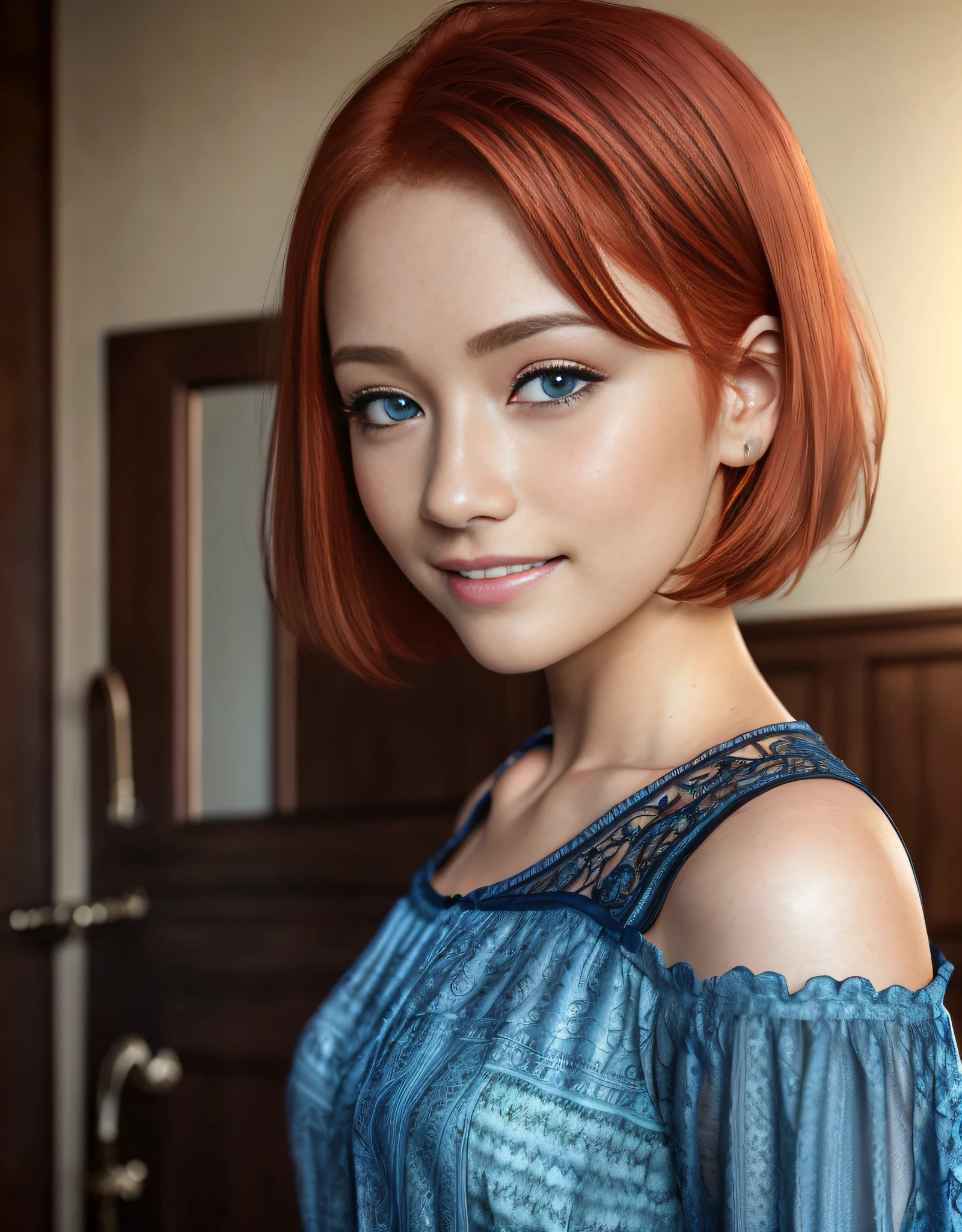 1 young girl, (((petit teen)))), 18 years, high quality, best quality, photo-realistic, raw-photo, realistic, ultra realistic 8k cg, ultra-detailed, high definition, masterpiece, 1girl, short hair, ((((ultra short hair))), ((((redhead))), (((sexy smile))), blue eyes, looking at the sprinkler, close-up, (((low-cut blouse))), intricate details, detailed texture, finely detailed,