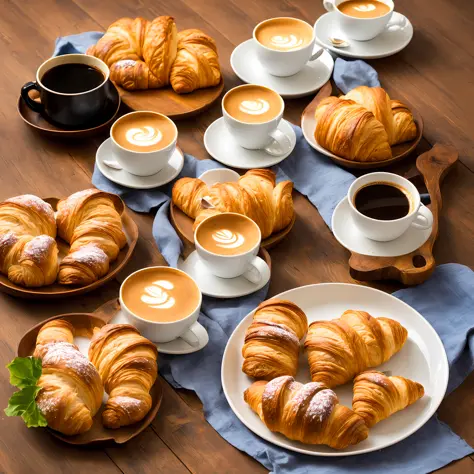 (cozy photo, best quality, warm and soft lighting), ((small tray with freshly baked breads and a fresh croissant, a cup of smoke...