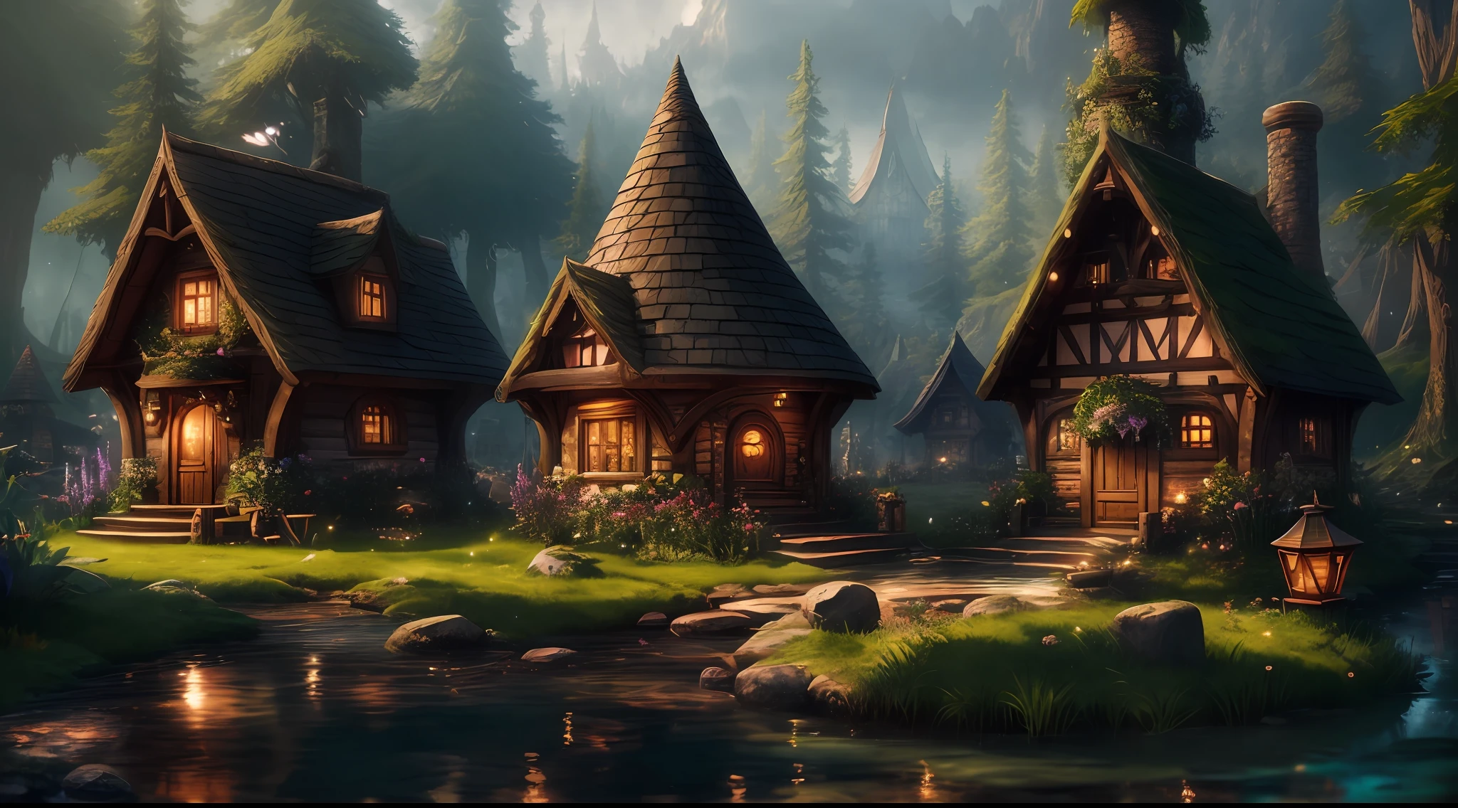 Magical Fairy Village - There are two small houses in the middle of a forest, beautiful rendering of a fairy tale, render realistic fantasy, fantasy style 8k octane render, fantasy matte painting, cute, magic village, medeival fantasy town, fantasy town setting, fantasy 3 d render, a bustling magical city, (octane render) fantasy style, unreal engine fantasy art, villages,  Unreal Engine