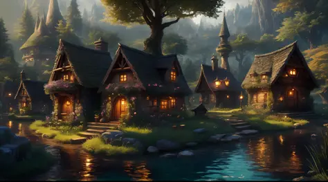 magical fairy village - there are two small houses in the middle of a forest, beautiful rendering of a fairy tale, render realis...