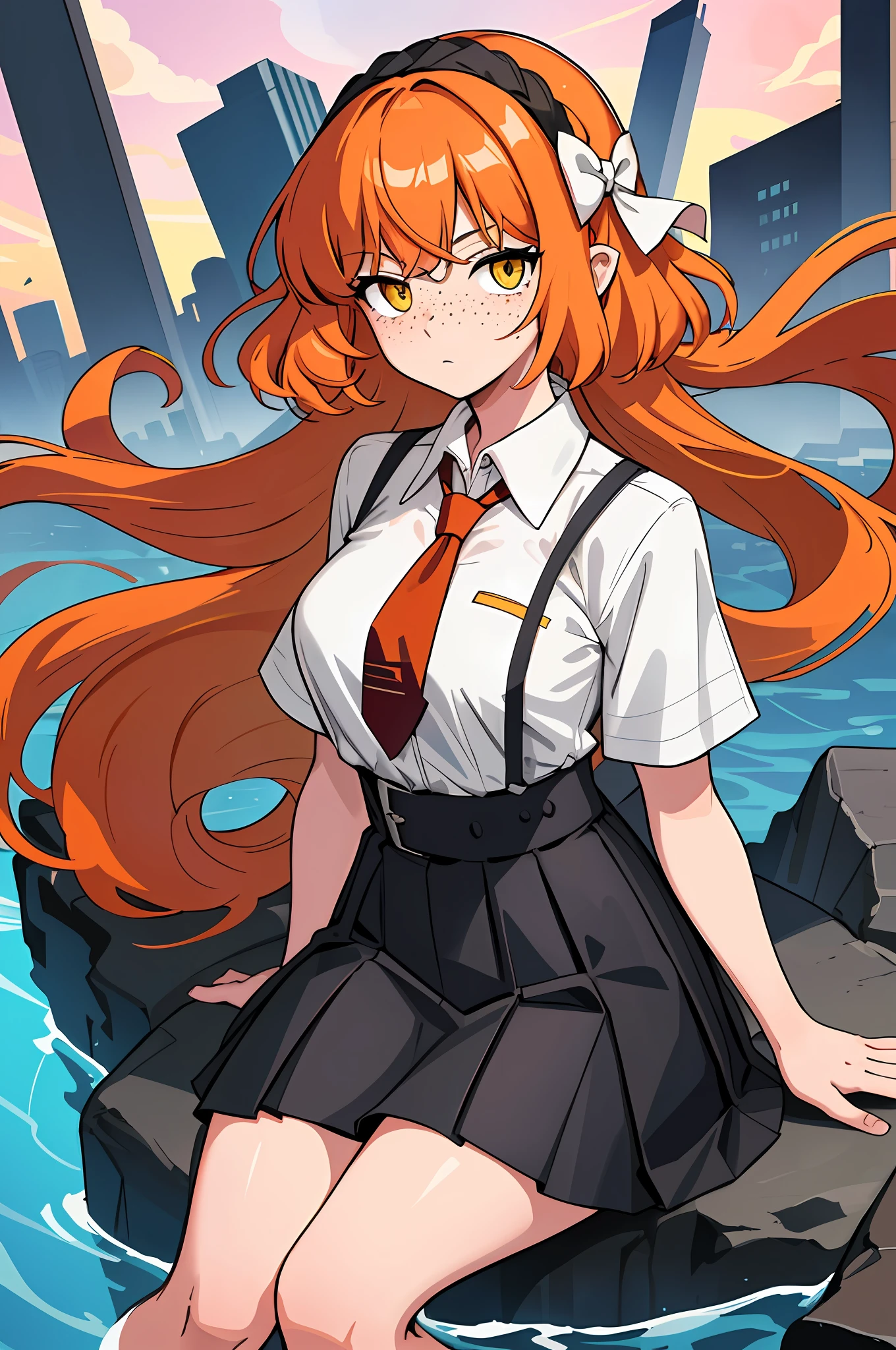 masterpiece, best quality, 1girl, long hair, orange hair, yellow eyes, freckles, collared shirt, white shirt, short sleeves, loose necktie, high-waist skirt, pleated skirt, black skirt, shirt tucked in, medium breasts, sitting, arm support, looking at viewer, partially submerged, ruined city, building, skyscraper, debris, dusk, (fog:1.2), pink theme,