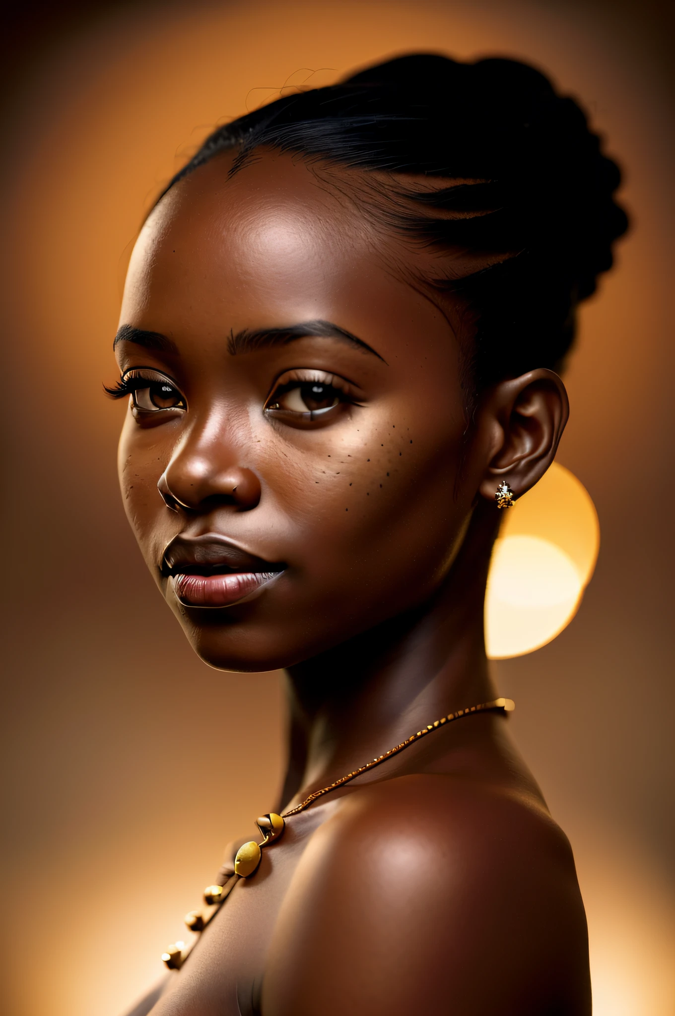 award winning portrait photo of an young ugandan woman, bokeh, backlit, (brown color in detail:1.1), telephoto, elegant atmosphere, realistic, intricate details, true skin tone