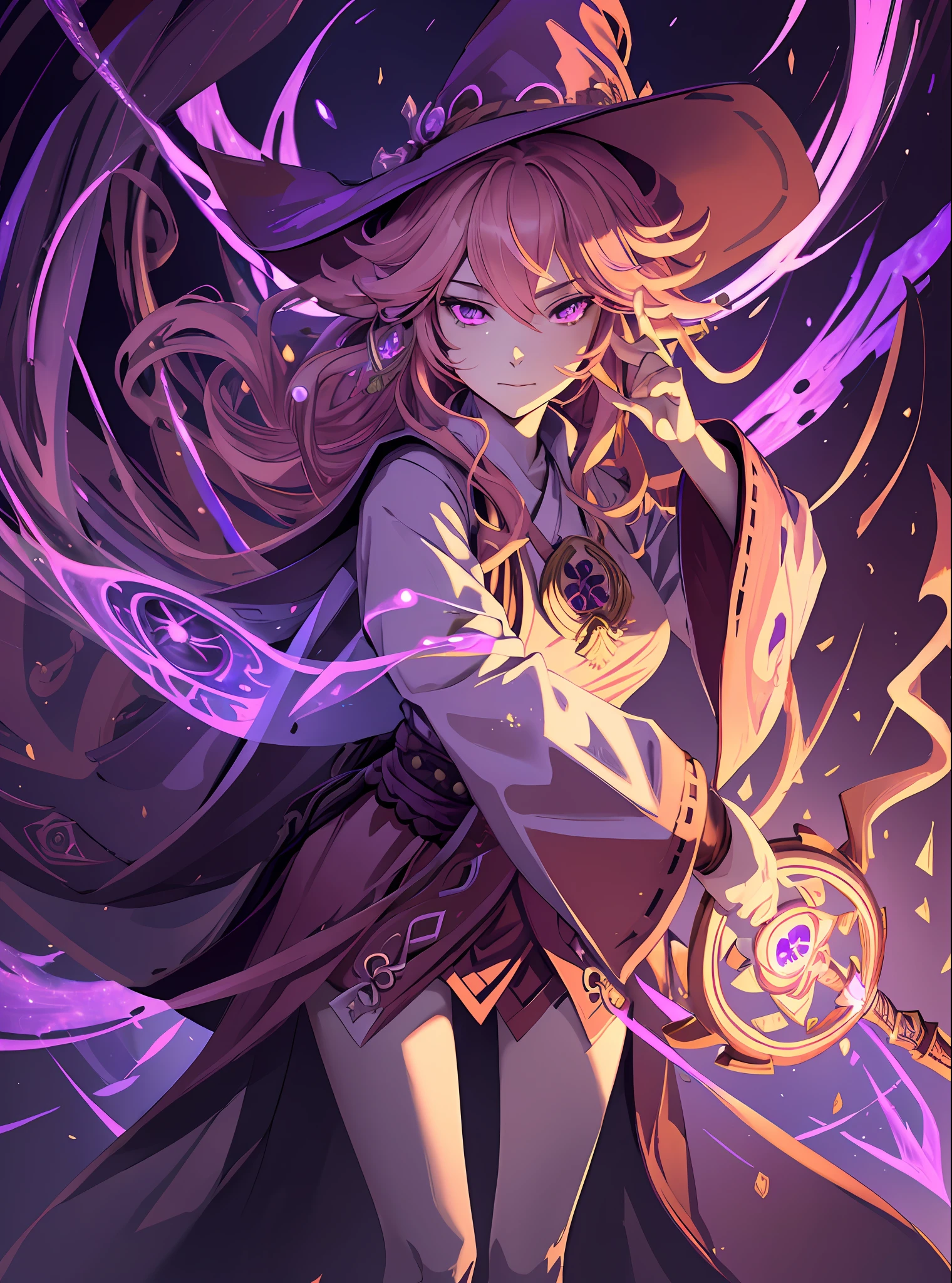 (best quality, ultra-detailed, best illustration, best shadow, masterpiece, high res, professional artwork, famous artwork), (1girl, solo, safe), magic, glowing, rune_magic, robes, witch hat, staff, fractalized, fractal_body, action pose, power, pink hair, purple eyes, yae miko