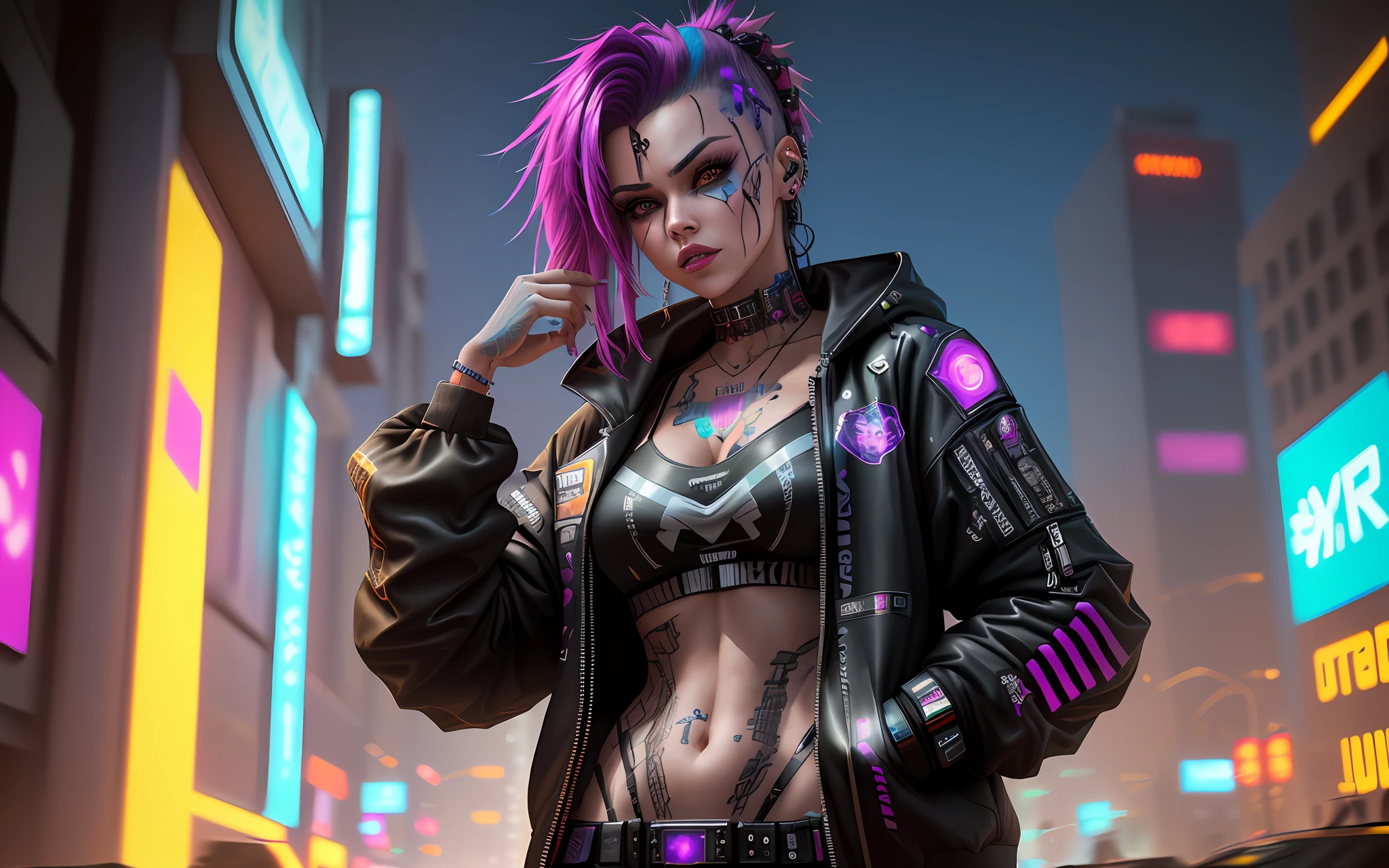 there is a woman with tattoos on her body posing for a picture, hyper-realistic cyberpunk style, cyberpunk angry gorgeous goddess, cyberpunk style ， hyperrealistic, cyberpunk 2 0 y. o model girl, cyberpunk art style, cyberpunk art ultrarealistic 8k, cyberpunk girl, cyberpunk beautiful girl, cyberpunk themed art, digital cyberpunk anime art, the cyberpunk girl portrait, cyberpunk digital painting