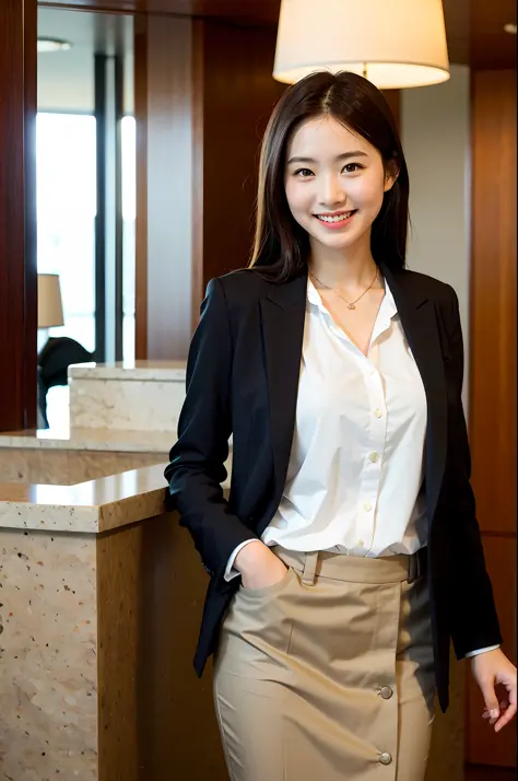 Natural light, girl standing and smiling at hotel front desk in hotel black suit, (best quality, masterpiece: 1.2)