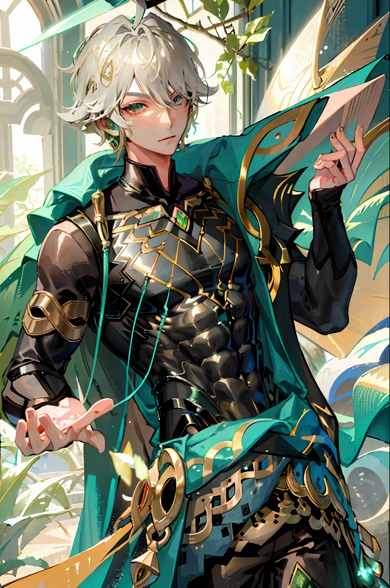 masterpiece, best quality,alhaitham\(genshin impact\), male focus, 1boy, solo, ahoge, shirt, green cape, hair over one eye, bangs,(kbxll:0.6)