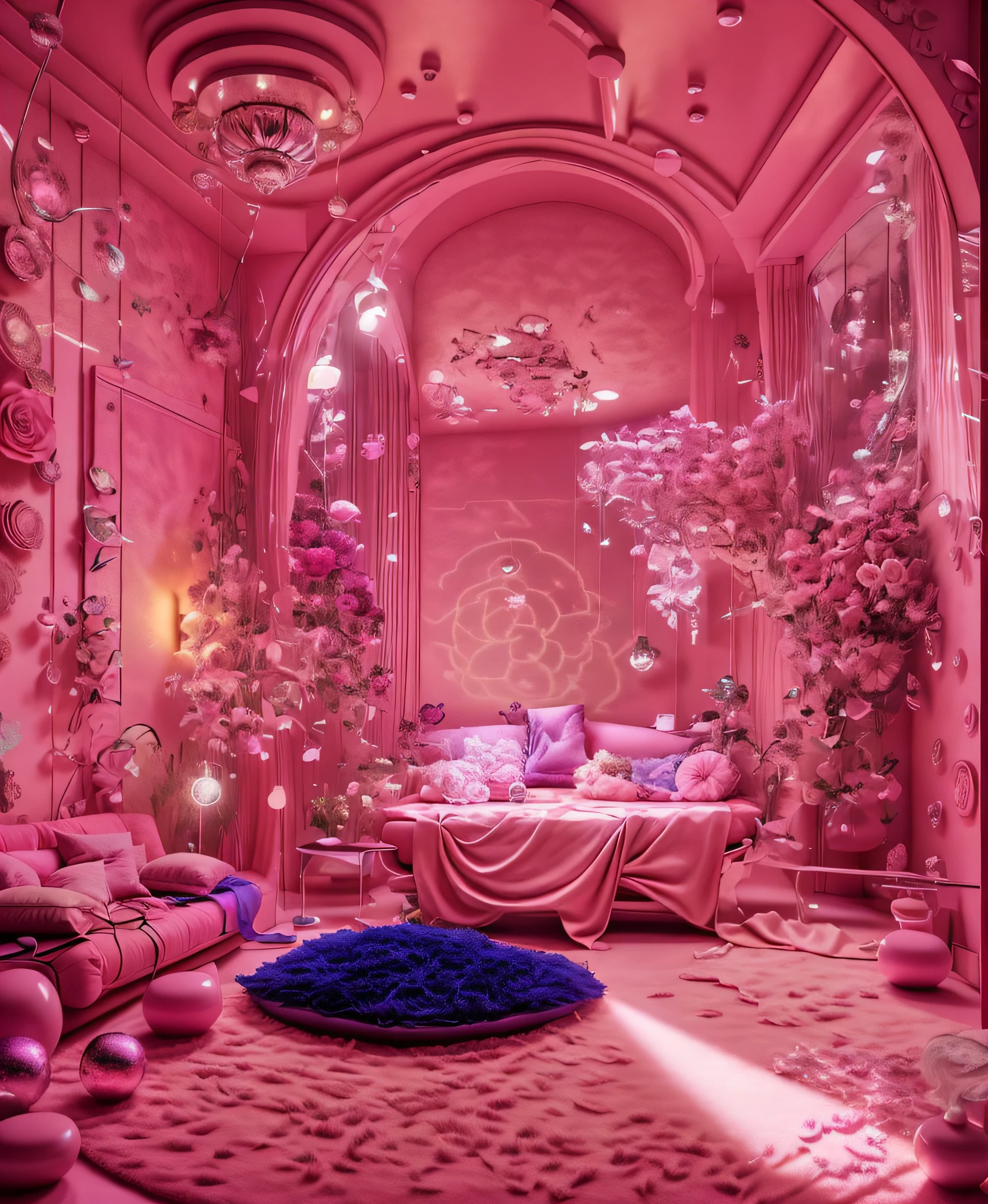 a brightly lit room with a couch and a rug in it, magical colors and atmosphere, magical colours and atmosphere, dreamy atmosphere and drama, brightly lit pink room, the walls are pink, pink zen style, very magical and dreamy, magical environment, fantastically gaudy colors, beautiful and aesthetic, floral environment, beautiful aesthetic, beautiful aesthetic design, bed of flowers on floor