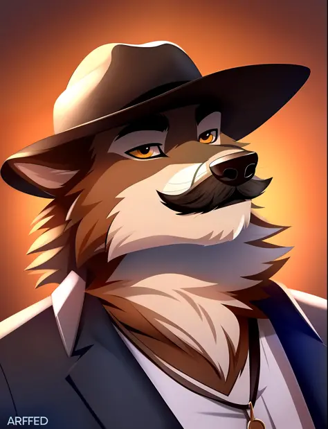 arafed wolf with a hat and a mustache on his face, an anthro wolf, anthropomorphic wolf, anthro wolf face, anthropomorphic wolf ...