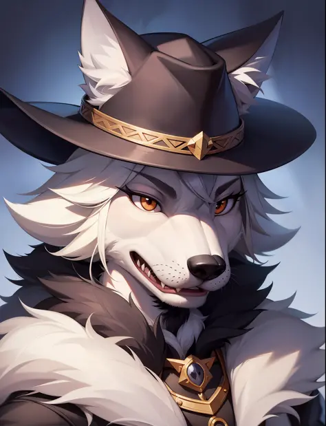 arafed wolf with a hat and a mustache on his face, an anthro wolf, anthropomorphic wolf, anthro wolf face, anthropomorphic wolf ...