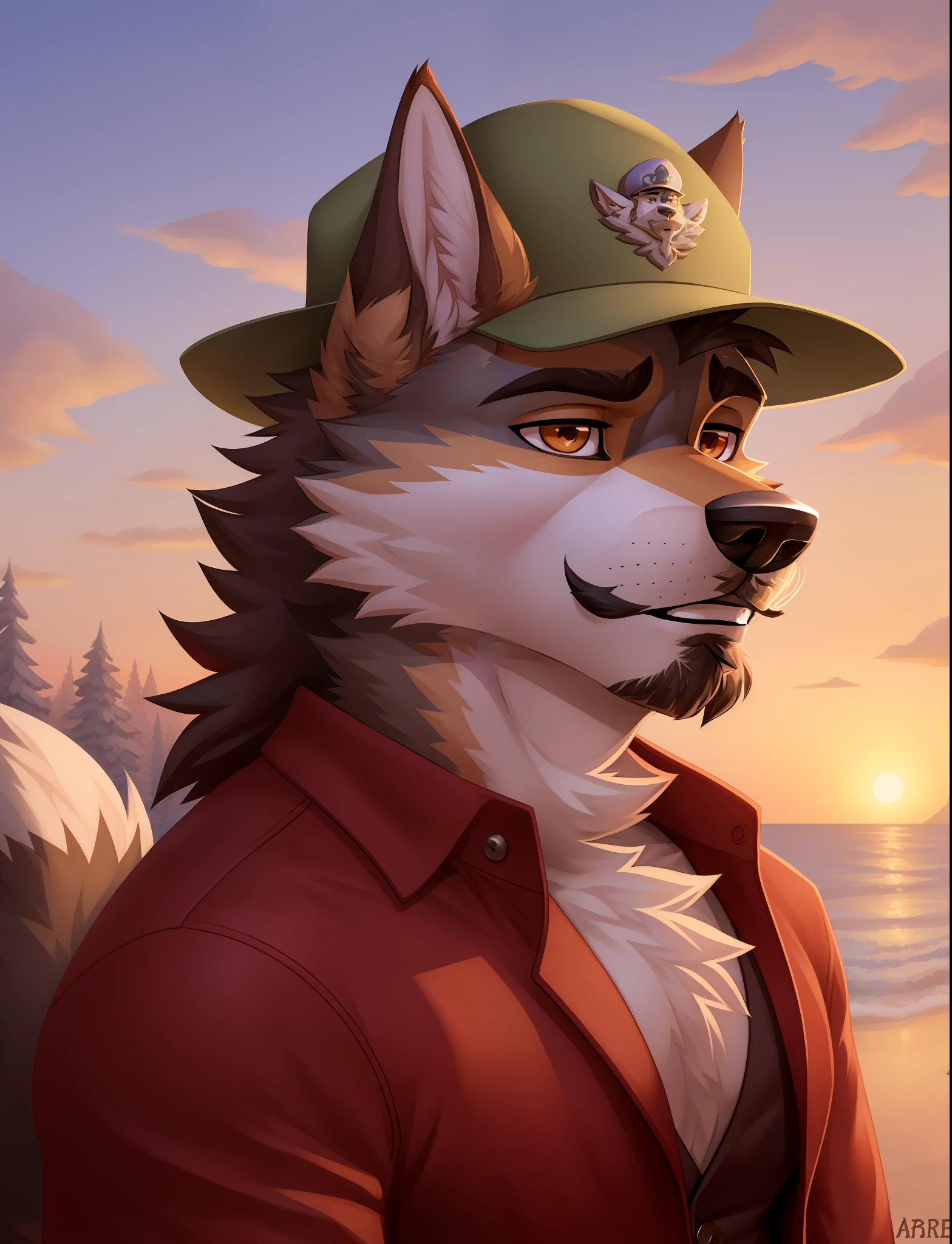 arafed wolf with a hat and a mustache on his face, an anthro wolf, anthropomorphic wolf, anthro wolf face, anthropomorphic wolf male, furry wolf, an anthropomorphic wolf, anthropomorphic coyote male, very very beautiful furry art, anthro portrait, wolf fursona, !anthropomorphic!