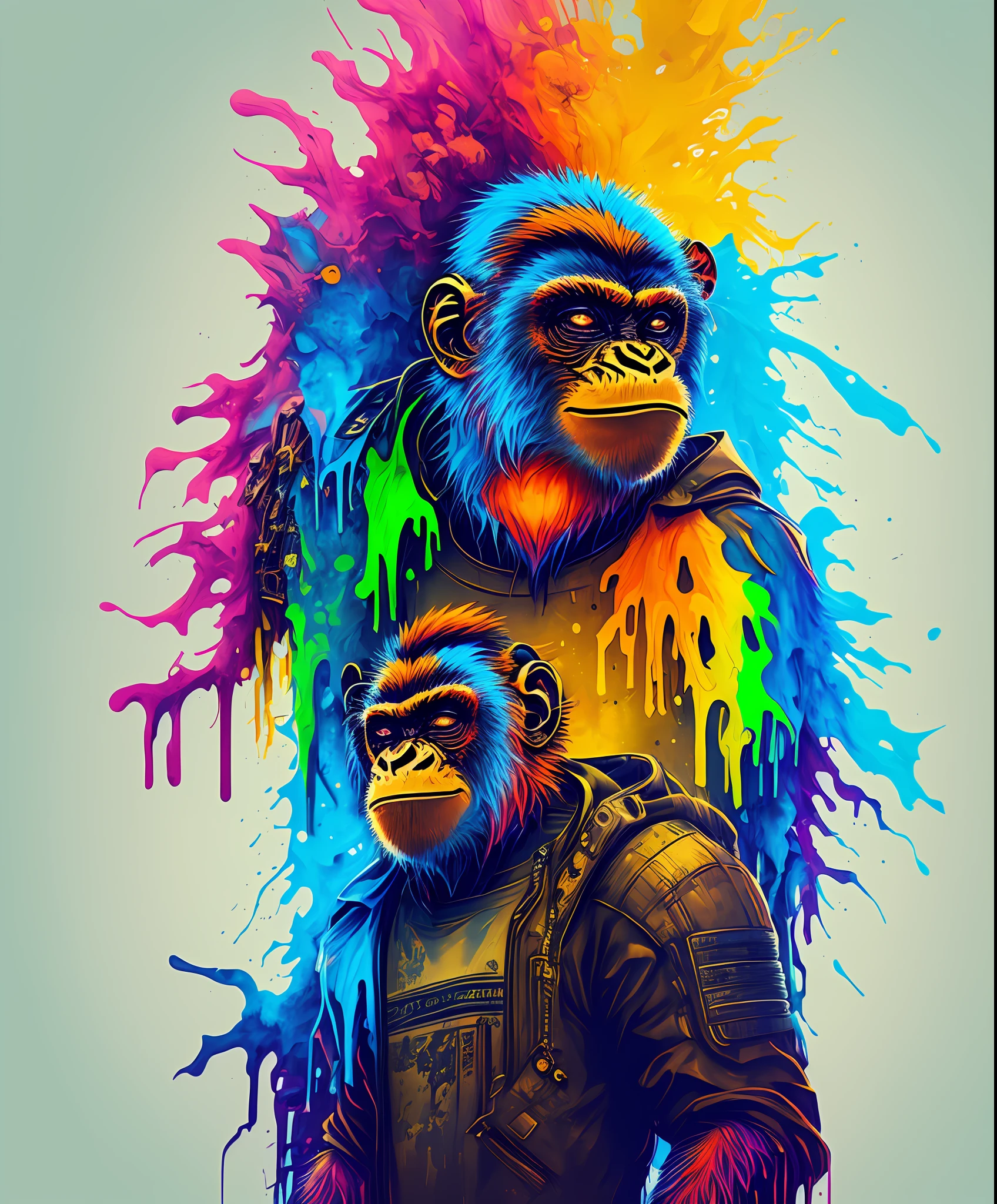 (a portrait of Cyberpunk Monkey with colored fluid), T-shirt logo in tapered thin outline style, spell view, artwork in (empty background:1.4)