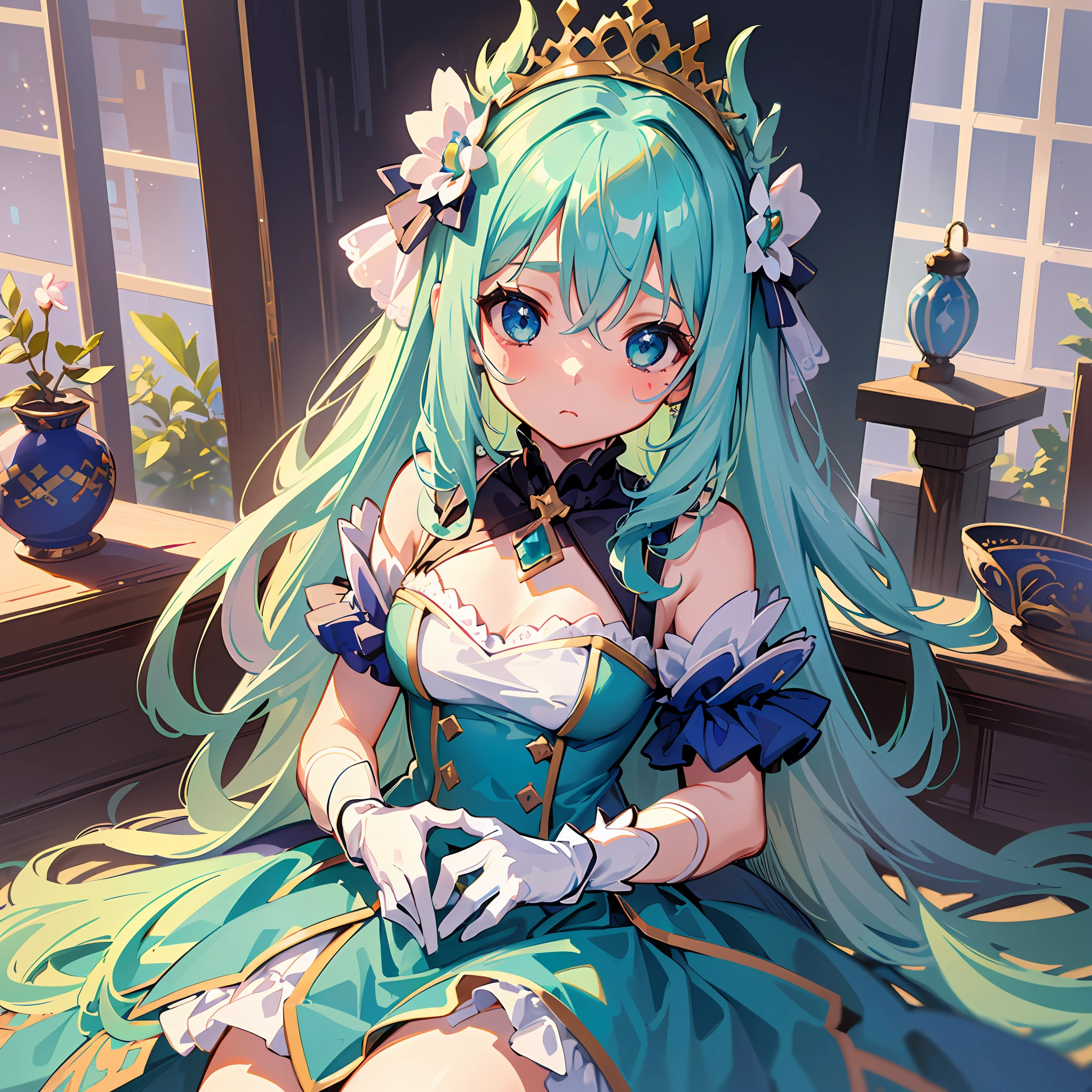 Anime girl with long green hair and a crown sitting on a bench - SeaArt AI