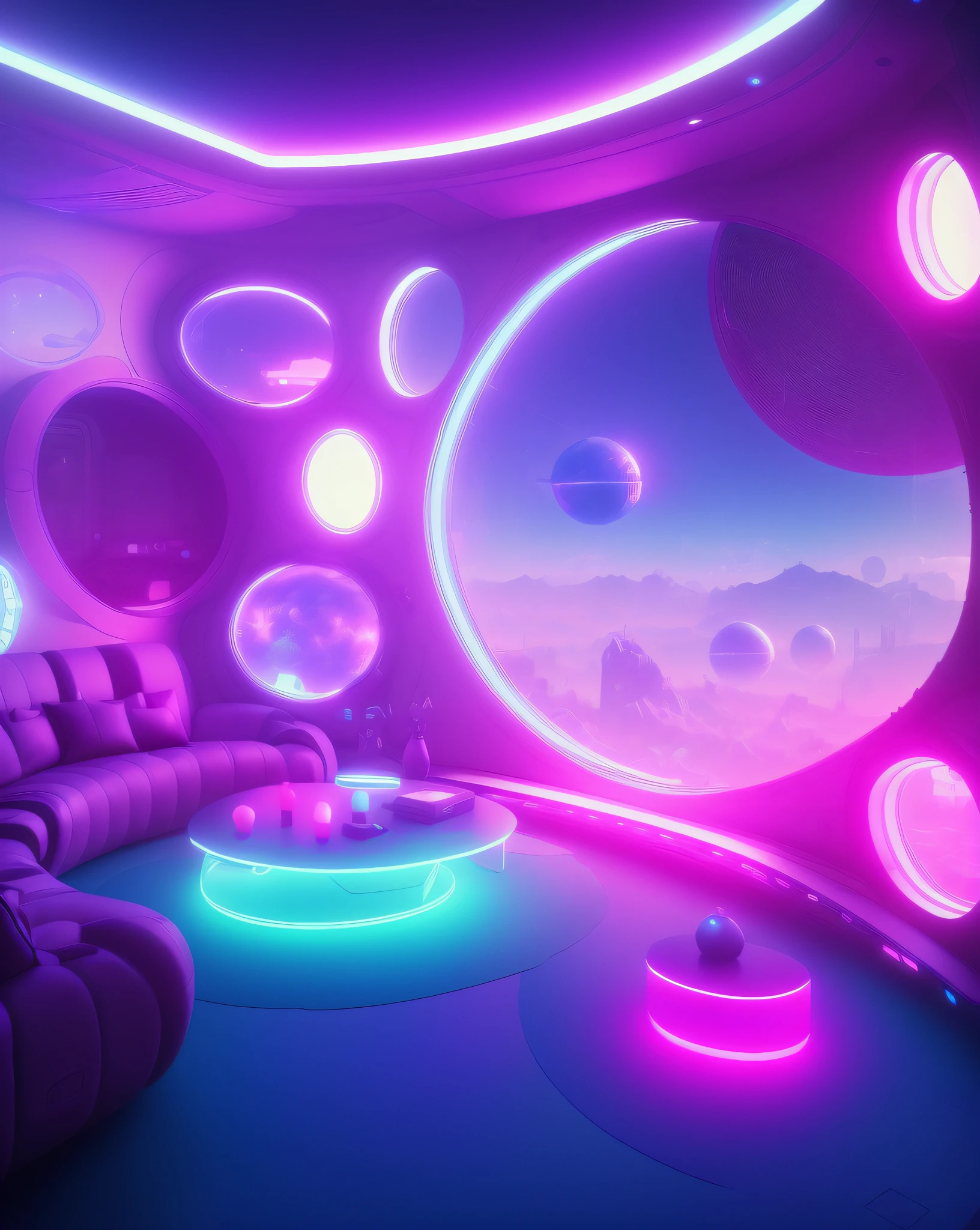 Blick auf ein Wohnzimmer mit Couch und Tisch, futuristisches Zimmer, futuristisches Setting, futuristische Dekoration, futuristisch aussehendes Wohnzimmer, farbenfroher dystopischer Futurismus, verträumte bunte Cyberpunk-Farben, futuristische, aber farbenfrohe Schattierung, im Stil von Beeple, Beeple-Farben, futuristische Ästhetik, futuristischer Kunststil, Sci-Fi-Ästhetik, Inspiriert von Beeple