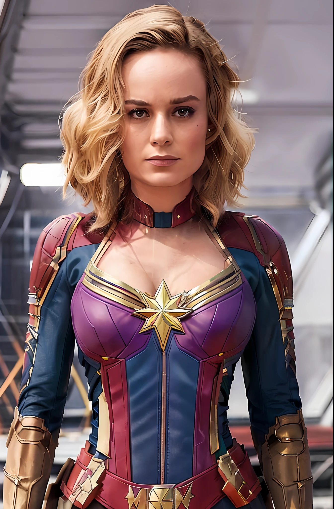 Brie Larson, medium hair, full body portrait, wearing Captain Marvel outfit, sexy, cleavage, breasts on display with the futuristic image and dressed in purple