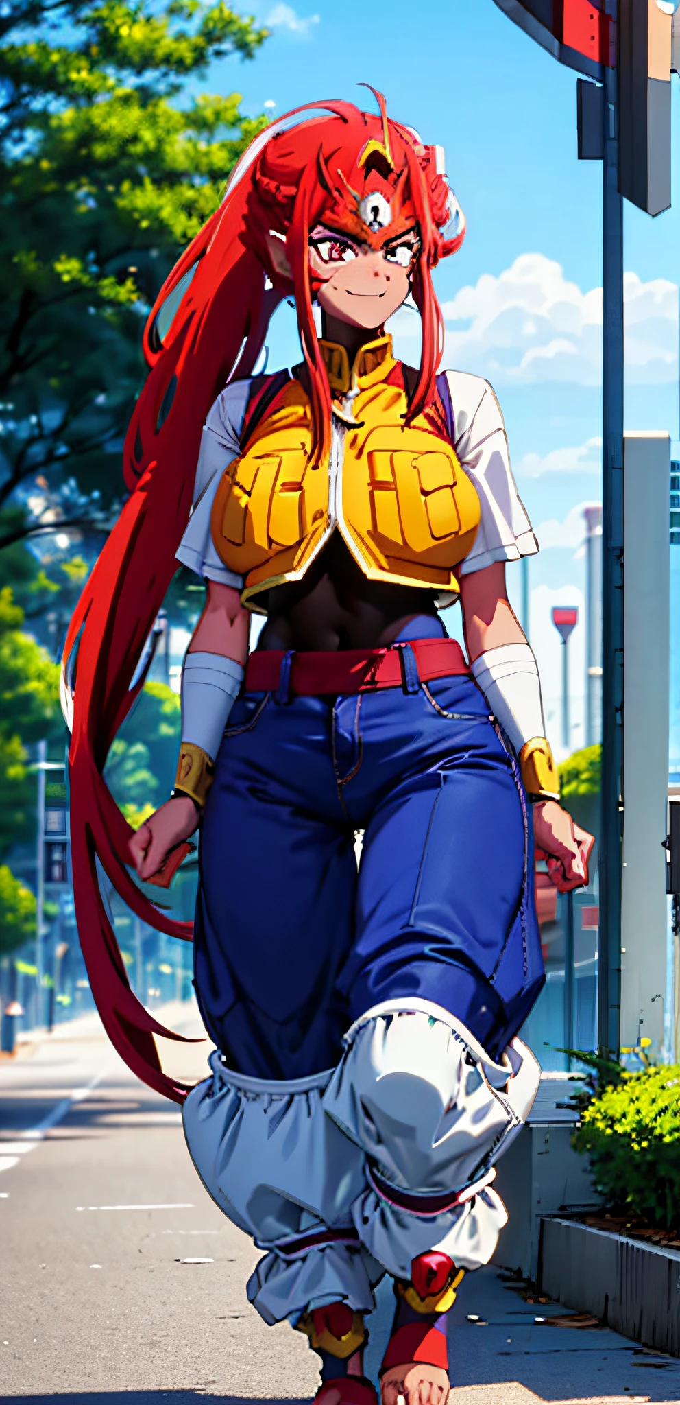 Anime character dressed in blue and red walking down a street - SeaArt AI