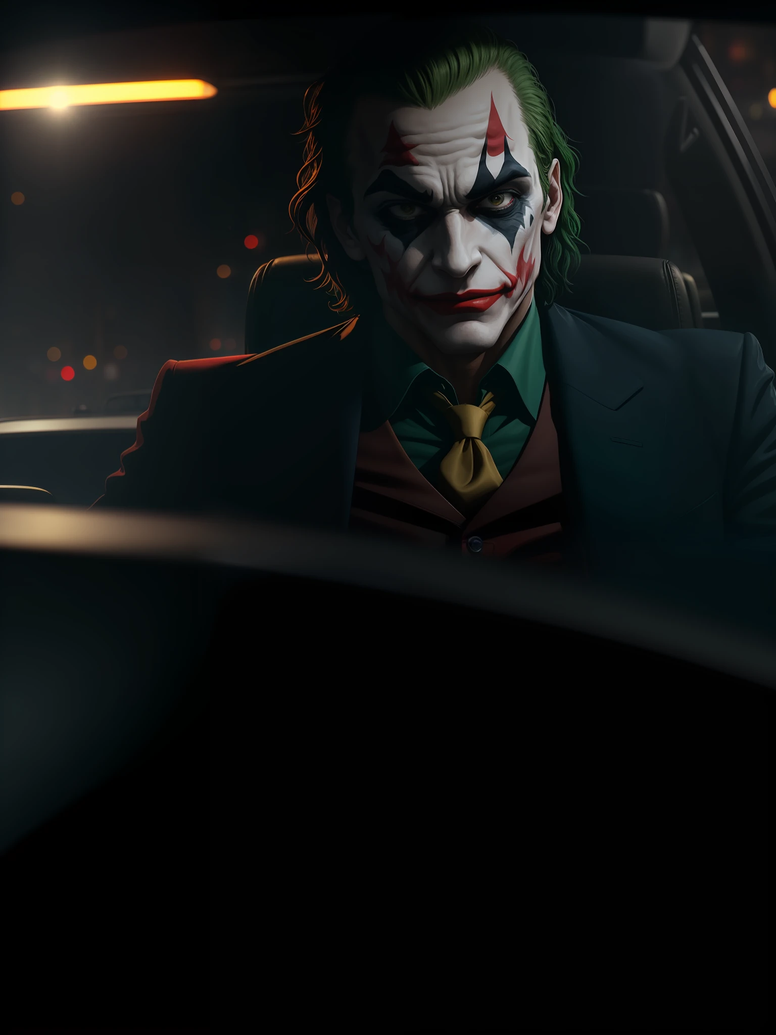 Joker en el auto con la cara pintada de verde y rojo. - SeaArt AI