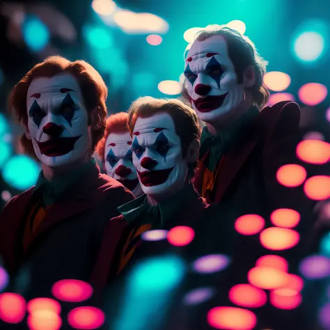 ultra realistic photo of a group of clowns,with transparent bladders in the hands, creepy atmosphere,night photography style,in the background of the image a carousel with colored lights,cinematic lighting 8k painting masterpiece detailed hyper realistic r...
