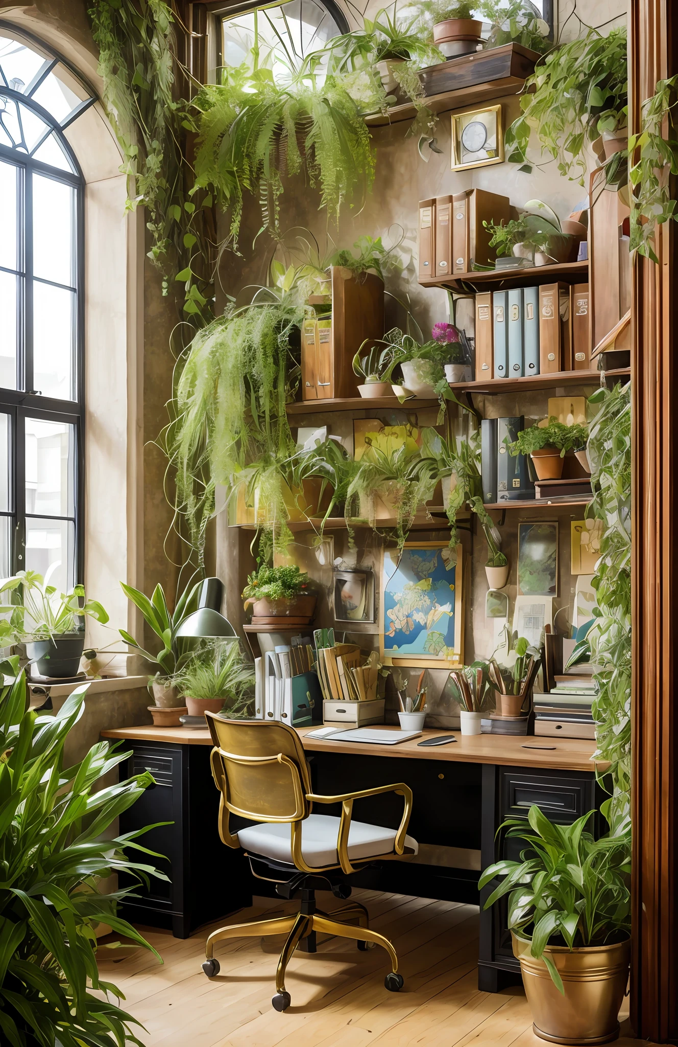 Photo Architectural Digest d&#39;un vert maximaliste {onde de vapeur/Steampunk/solairepunk} ((bureau à domicile)) avec des fleurs et des plantes, lumière dorée, surréalisme hyperréaliste, Chef-d&#39;œuvre primé avec des détails incroyables, Épopée époustouflante avec une lampe au centre et un chien