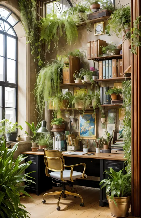 Architectural Digest photo of a maximalist green {vaporwave/steampunk/solarpunk} ((Home office)) with flowers and plants, golden...