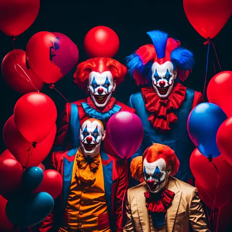 Three sinister red and blue male clowns walking through a group of red balloons, from a gang of circus clowns, clowns, circus clowns, wearing precise clown makeup, using bizarre clown makeup, using clown makeup, clown money, clown, shutterstock, scary clow...