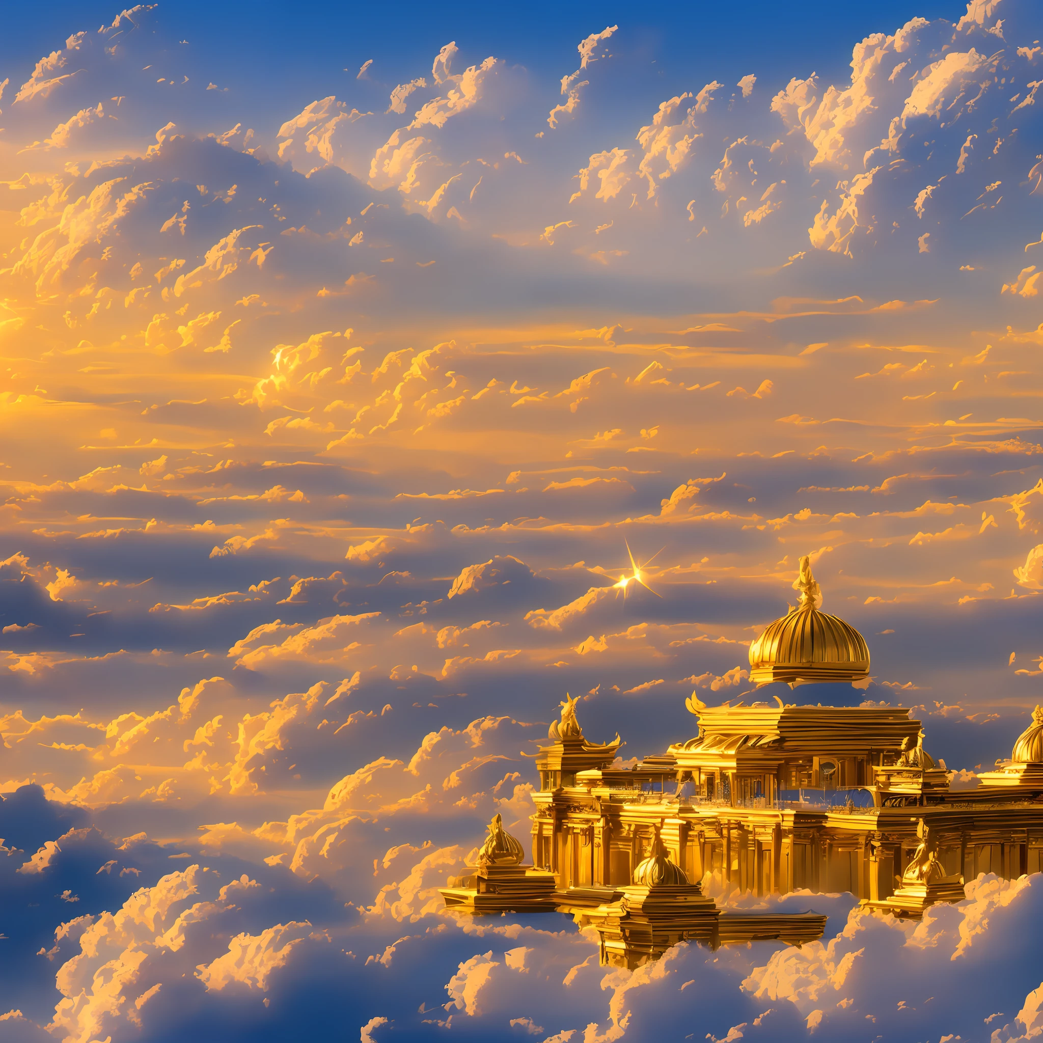 Sacred land in the clouds, majestic palace in the skies, palace in white marble, golden divine clouds, orange and golden sky in twilight, angelic clouds, traces of highly detailed comic, dazzling view --auto --s2