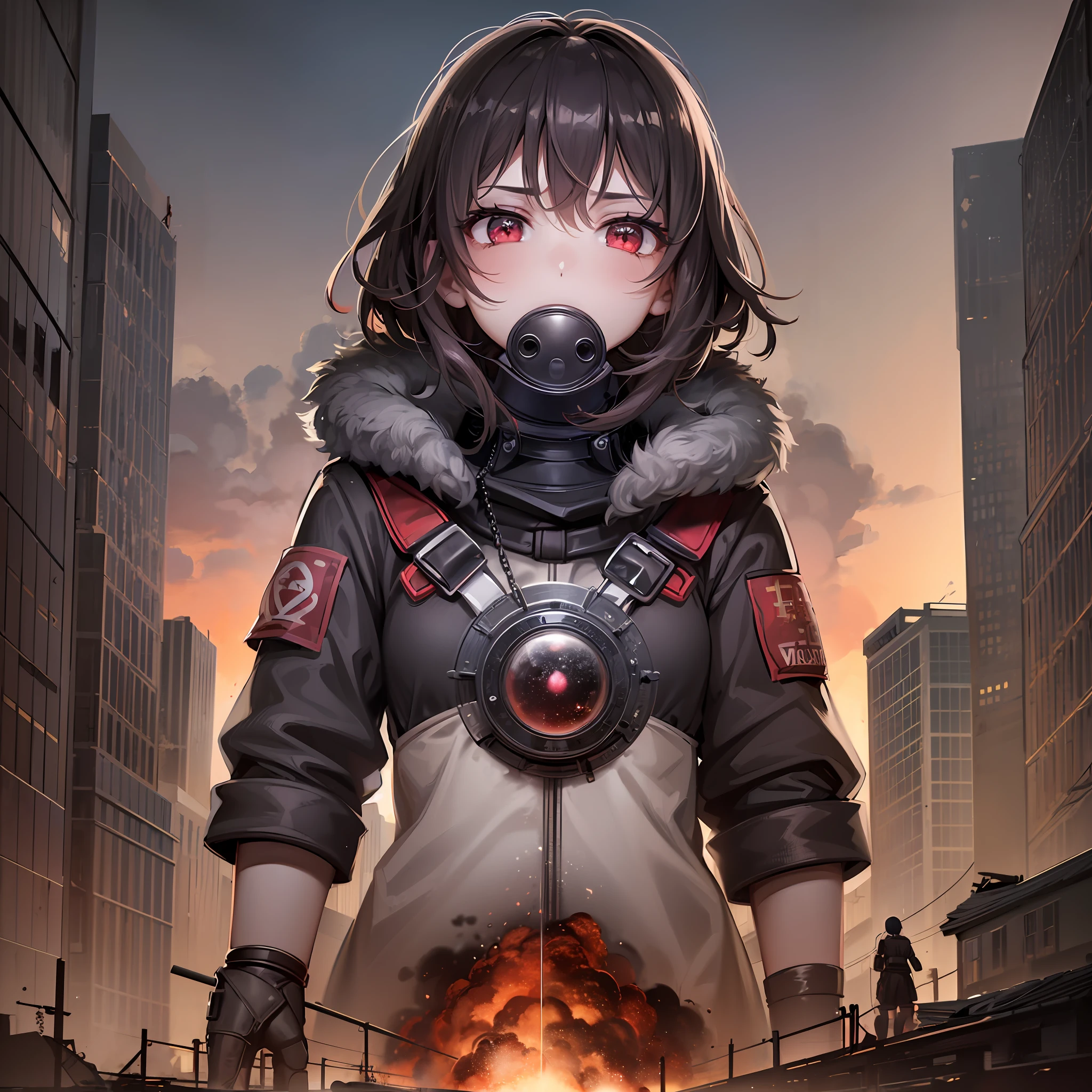 1girl, Ruby, inside (( The explosion detonates with a brilliant burst of light illuminating the darkened sky )), Dystopian metropolis, detailed pupils, high quality, absurdres,