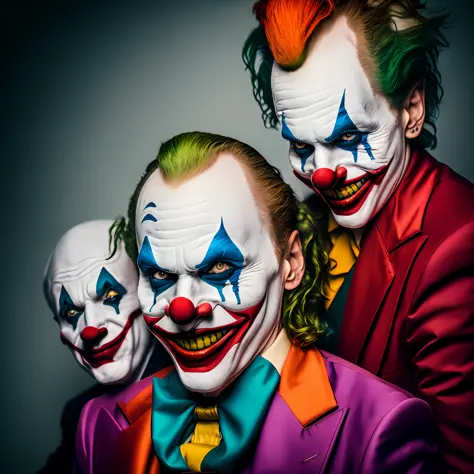 two men dressed in clown makeup posing for a photo, portrait of joker, joker makeup, portrait of the joker, portrait of a joker, remarkable joker make up, as the joker, clowns, shutterstock, wearing accurate clown makeup, of a gang of circus clowns, joker,...