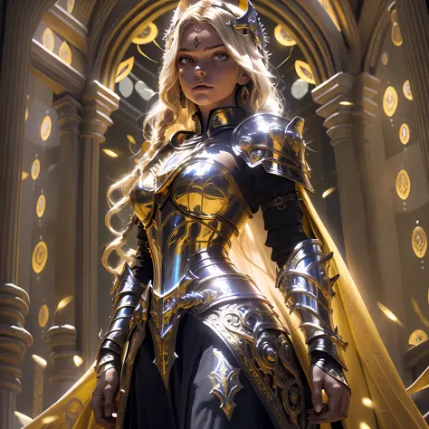 upper body of paladin lady in ornate golden armor, black collar, pauldrons, breastplate, corset, glowing halo, single braid, blonde, yellow glowing eyes, bright pupils, eye focus, red cape, temple indoors, stained glass windows, night, moonlight, particles...