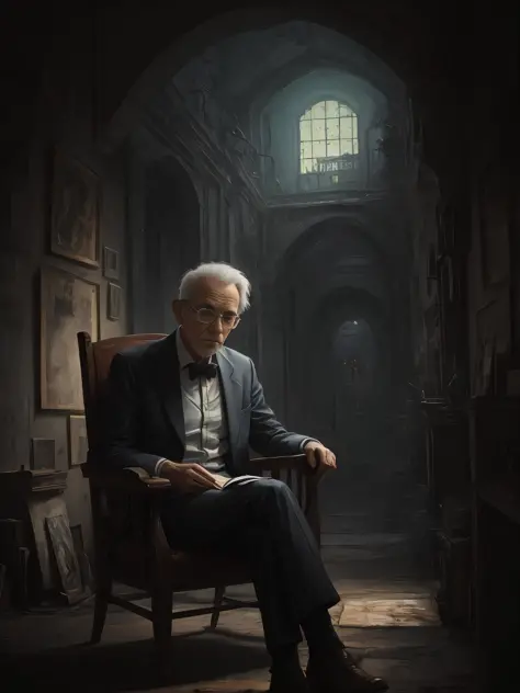 oldman in chair, complex stuff around, intricate in the background, art, close up, painting, detailed, cartoon, cinematic shot, ...