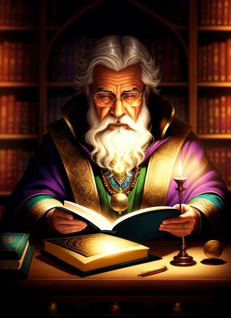 realistic, masterpiece, best quality, wise old wizard reading book ...