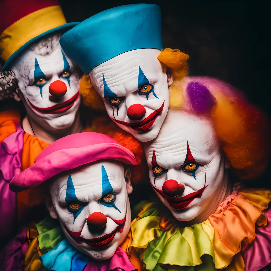 clowns are posing for a photo with their faces painted, of a gang of circus clowns, wearing accurate clown makeup, circus clowns, clowns, wearing clown makeup, wearing bizarre clown makeup, the money of clowns, clown makeup, real clown makeup, realistic cl...