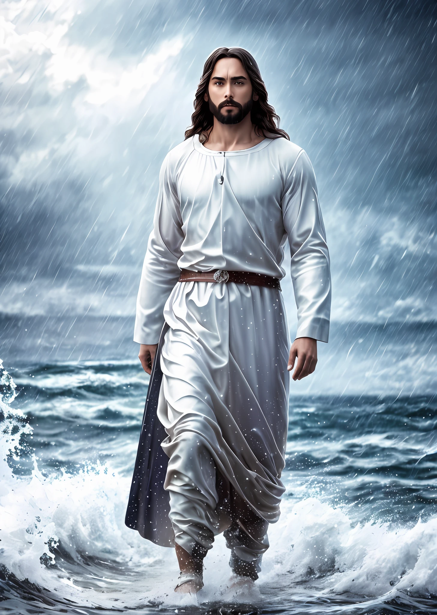 jesus walking on water in a storm, masterpiece, best quality, high quality, extremely detailed CG unit 8k wallpaper, award winning photography, Bokeh, Depth of Field, HDR, bloom, Chromatic aberration, photorealistic, extremely detailed, trending on artstation, trending on CGsociety, intricate, high detail, dramatic, mid-journey art, volumetric lighting