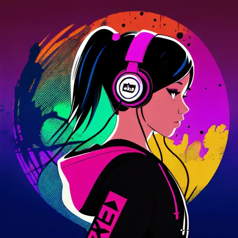 ink art, vector, girl wearing a hoodie and headphones, colorful background, highly detailed, photo from side, music album cover,...