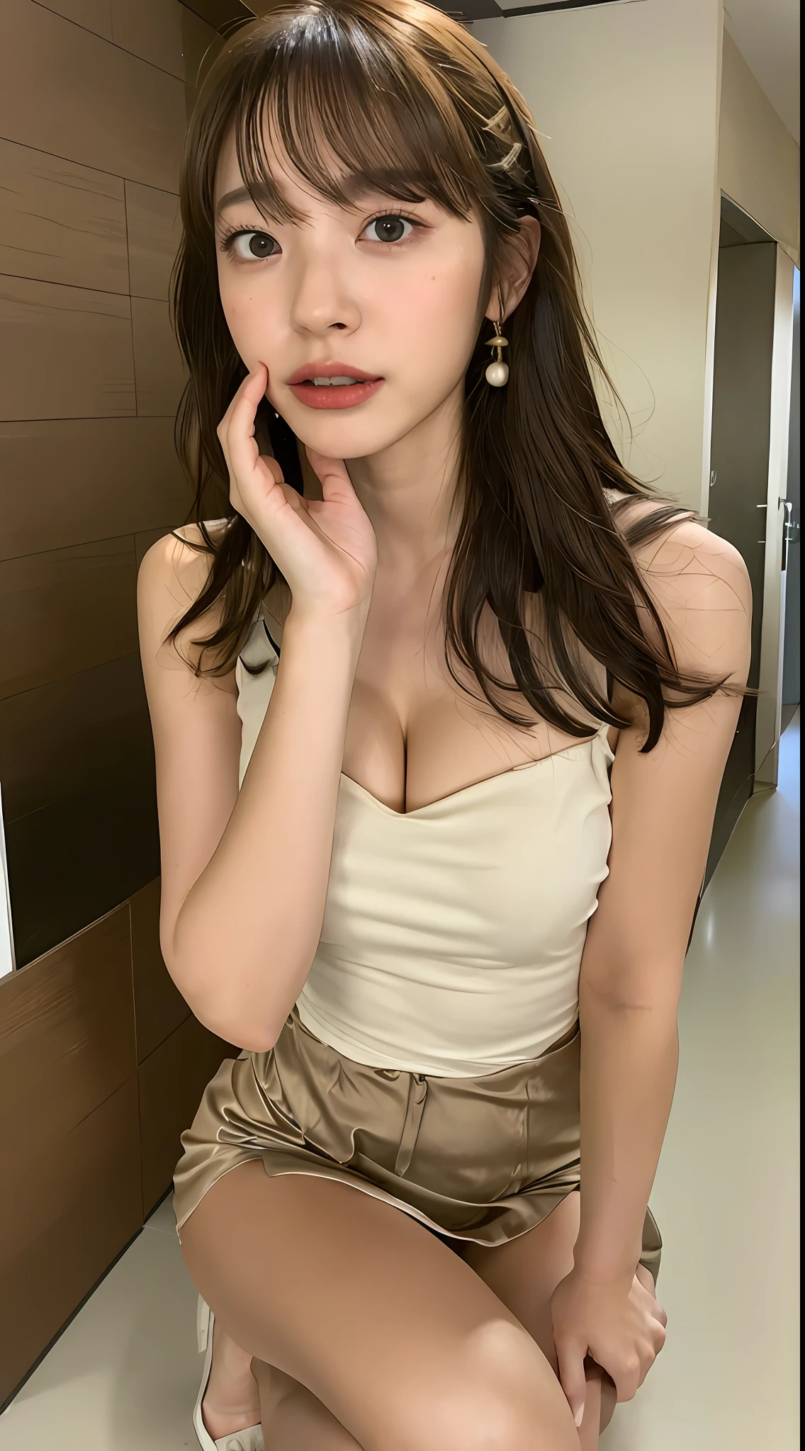 ((best quality, 8k, masterpiece: 1.3)), sharp: 1.2, perfect body beauty: 1.4, slender abs: 1.2, ((layered hairstyle, big breasts: 1.2)), (bandeau dress white: 1.1 ), city streets: 1.2, highly detailed facial and skin textures, detailed eyes, double eyelids, long brown hair, thin dress, hands behind, squatting, slightly revealing panties, revealing cleavage.