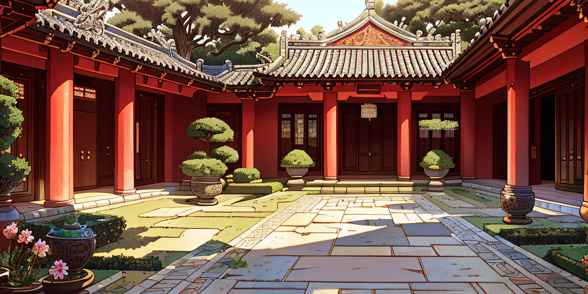 Masterpiece, the best quality, high quality, extremely detailed, ancient Chinese courtyard is generally composed of courtyards, surrounded by four low walls, the courtyard building layout is reasonable, divided into entrance halls, guest rooms, garden shade and other areas. The floor of the yard is mostly paved with bluestone slabs or stones