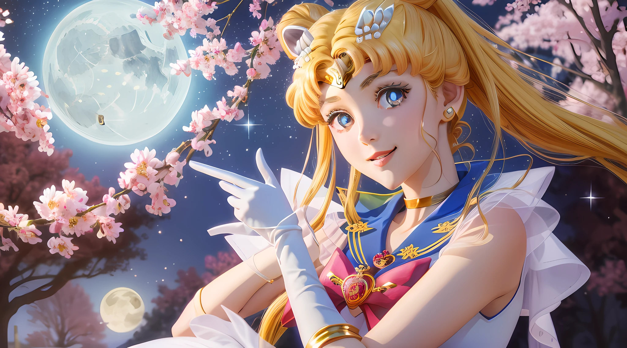 masterpiece, best quality, (1girl), supersailormoon, detailed face,  smile, nigh sky, moonlight, moon, sakura trees,  white gloves, detailed eyes, detailed face, fullbody, galazy background