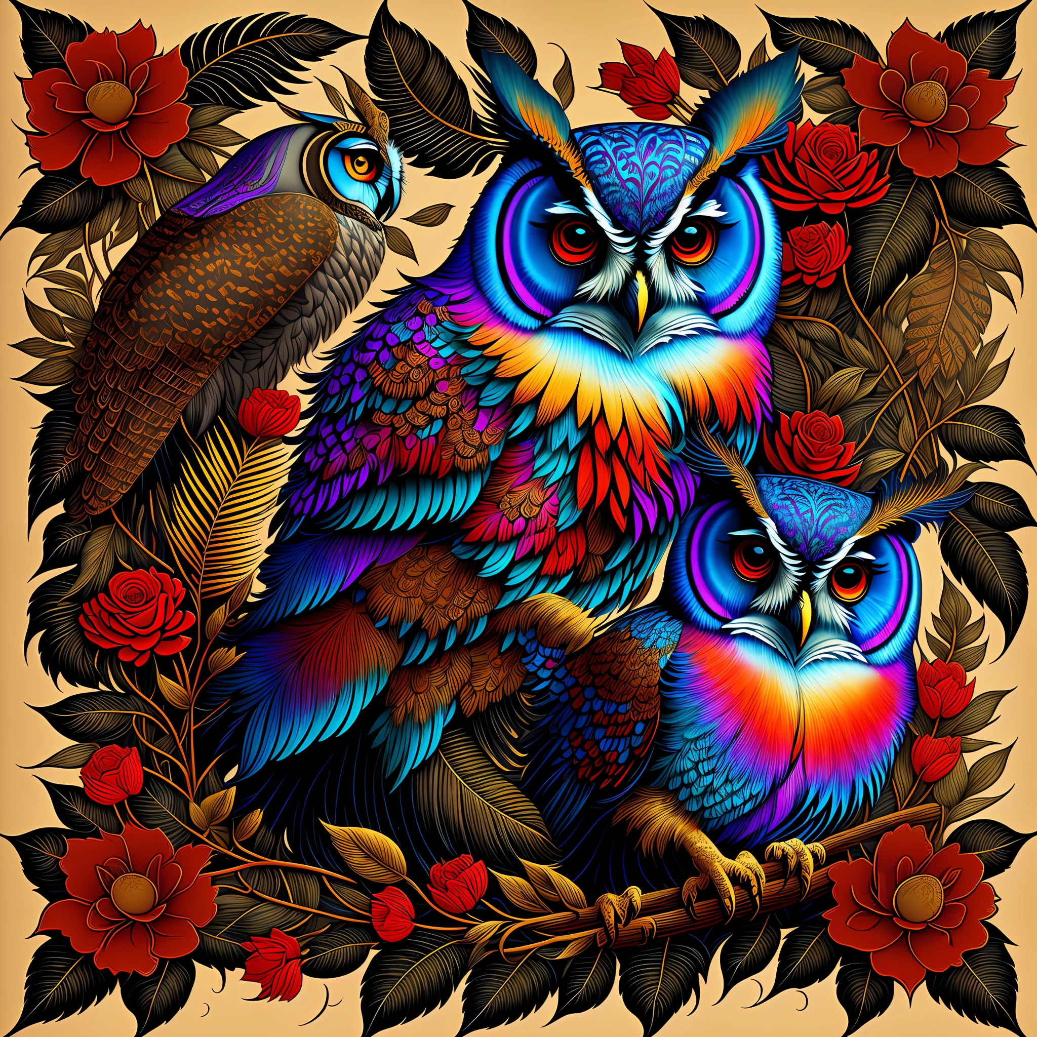 Ed Hardy Christian Audigier-style vector print: Mysterious owl surrounded by flowers, foliage and tribal details. Striking lines, sinuous curves and intricate details. Intense colors (black, red, gold). Audacious typography. Basic settings: Pixel 1080x1080, Resolution 1, White Background. Advanced settings: Euler Method, Steps 20, CFG Scale 10, Seed 123, Upscale 2. Tags: [masterpiece], Ed Hardy, Christian Audigier, vector print, owl, flowers, foliage, tribal details, typography, intense colors. --auto --s2