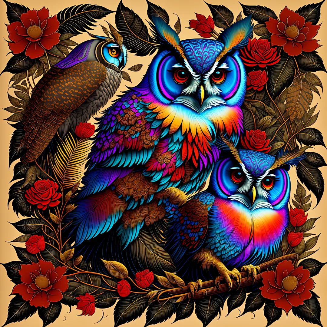 Ed Hardy Christian Audigier-style vector print: Mysterious owl surrounded by flowers, foliage and tribal details. Striking lines...