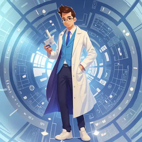 male doctor, very skinny, cartoon doctor, q version doctor, white coat, inch hairstyle, glasses, 3d rendering, blue background, ...